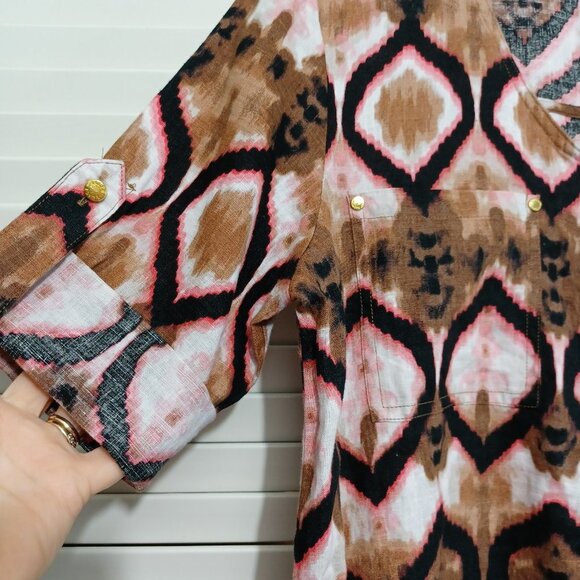 Ellen Tracy Linen Tunic Top Ikat Print Zipper Detail Size Small - Picture 4 of 11